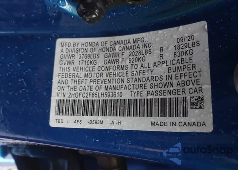 2020 Honda Civic Lx z USA, uszkodzony, nr VIN 2HGFC2F65LH593610